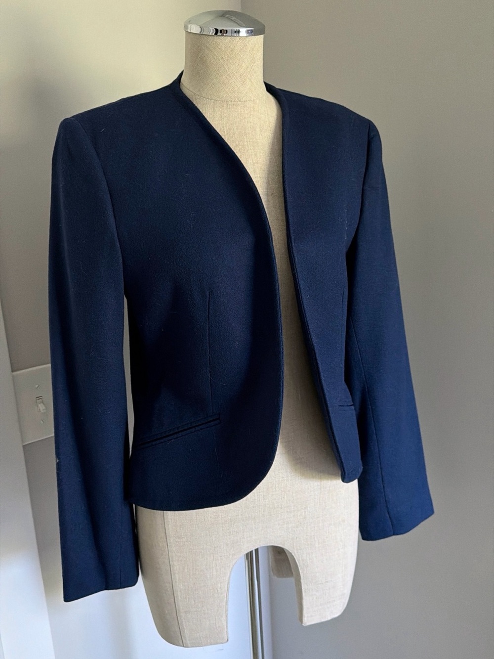 1980s Wool The Villager Women’s Navy Open Front Blazer Lined Long Sleeve 14